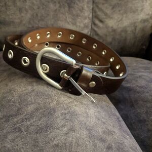 Bronzino Dark Brown Italian Leather Punk Grommet Belt with Silver Buckle